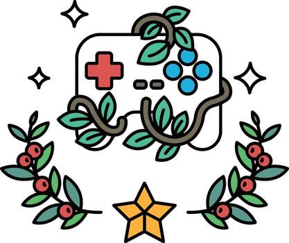 un juego controlador es rodeado por hojas y bayas vector