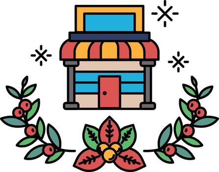 un vistoso Tienda frente con un rojo puerta y un verde frondoso frontera vector