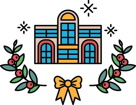 A building with a bow and leaves surrounding it vector