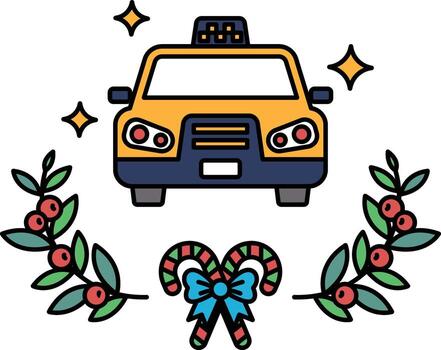 A yellow cab with a blue stripe and a red bow on the front vector