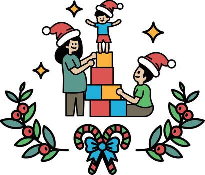 A family of three is building a tower of blocks vector