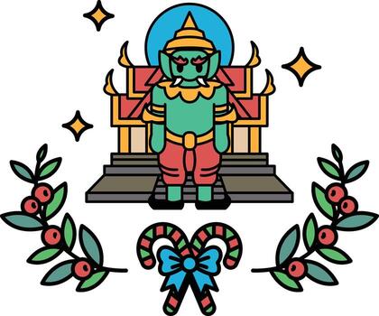 A green monster stands in front of a building with a red roof vector