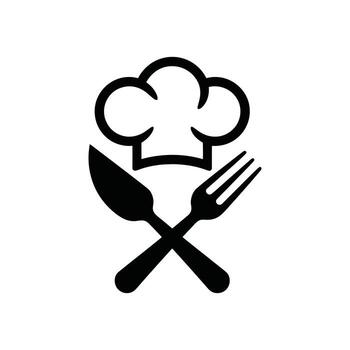 Black Icon of Chef Hat with Crossed Fork and Knife on White Background vector