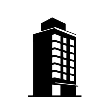 Black and white illustration of a tall building with multiple windows and a flat roof. vector