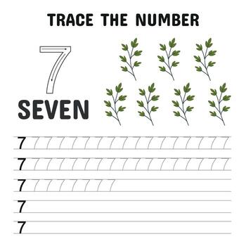 Number tracing worksheet for kids featuring number 7 with counting leaves and writing practice lines vector