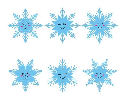 conjunto de copos de nieve con linda sonriente caras y diferente expresiones para invierno y Navidad diseño vector