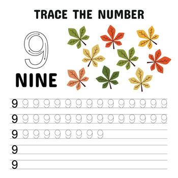 Educational Worksheet with Number 9 and Counting Leaves vector