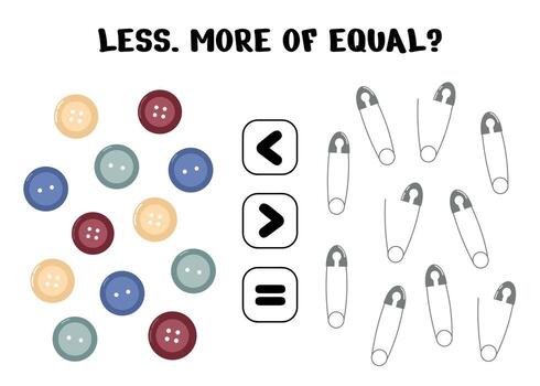 Math worksheet for kids featuring buttons and safety pins comparing quantities with less more and equal symbols vector