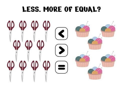 Math worksheet for kids featuring scissors and yarn baskets comparing quantities with less more and equal symbols vector
