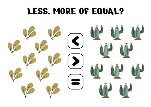 Math worksheet for kids featuring leaves and cactus comparing quantities with less more and equal symbols vector