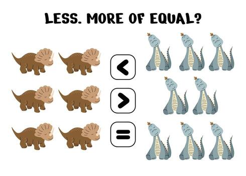 Math worksheet for kids featuring triceratops and sauropod dinosaurs comparing quantities with less more and equal symbols vector