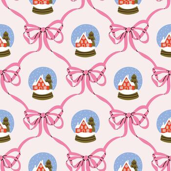 Snow globe pattern with ribbons and houses vector