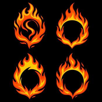 Set of Flaming Circle Frames ,Fire Ring Icons on Black Background vector