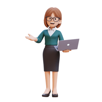 3d desenho animado jovem fêmea professor personagem ensino enquanto segurando computador portátil png