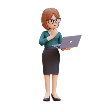 3d desenho animado jovem fêmea professor personagem segurando uma computador portátil e pensando png