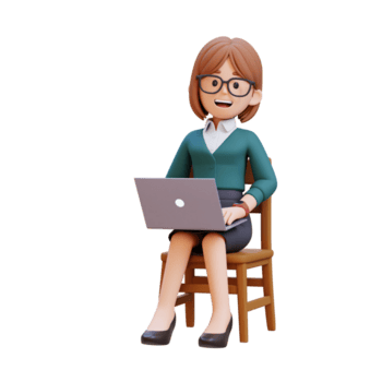 3d desenho animado jovem fêmea professor personagem sentado dentro uma cadeira com uma computador portátil png