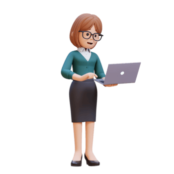 3d desenho animado jovem fêmea professor personagem em pé trabalhando em computador portátil png