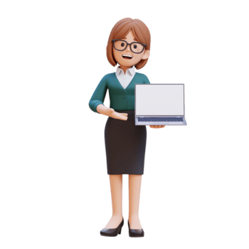 3d desenho animado jovem fêmea professor personagem em pé apresentando com uma computador portátil png
