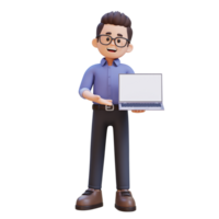 3d desenho animado adulto masculino professor personagem em pé apresentando com uma computador portátil png