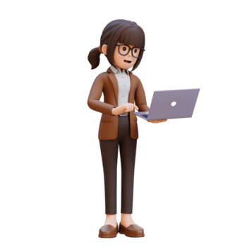 3d desenho animado fêmea professor personagem em pé trabalhando em computador portátil png