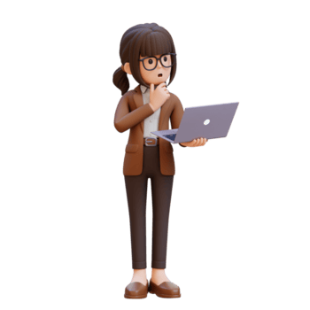 3d desenho animado fêmea professor personagem segurando uma computador portátil e pensando png