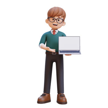 3d desenho animado jovem masculino professor personagem em pé apresentando com uma computador portátil png