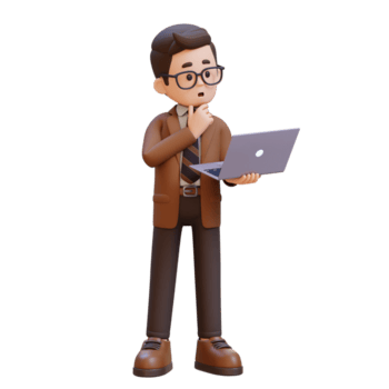 3d desenho animado masculino professor personagem segurando uma computador portátil e pensando png