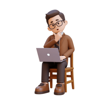 3d desenho animado masculino professor personagem sentado dentro uma cadeira pensando com uma computador portátil png