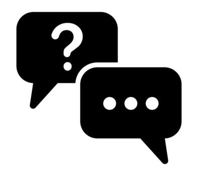 Chat communication icon with question mark and speech bubble. Black silhouette design for message, conversation, help, support, forum, dialogue, FAQ, assistance and customer service illustration vector