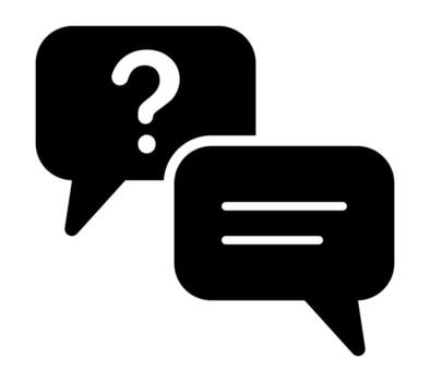 Black chat icon with question mark and message bubble. Simple silhouette design for FAQ, support, communication, conversation, forum, customer service, help, inquiry, answer vector
