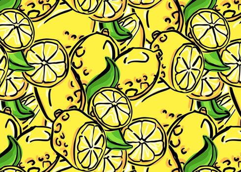 Seamless lemon pattern in hand drawn style. Doodle citrus fruit background with whole lemons and slices. illustration for fabric, textile prints, wrapping paper, kitchen and summer design. vector