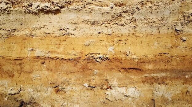 Geological layers and different colors form patterns in exposed soil sediment in the desert ground wall. photo