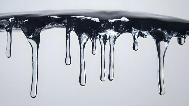 Translucent viscous liquid drips from a dark horizontal surface creating an abstract and calming effect. photo