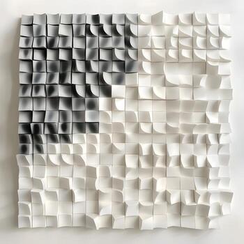 Geometric paper art installation creates a dynamic transition from dark shading into a bright white space. photo
