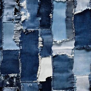 Abstract background with blue denim patches sewn together creating a unique textured textile design. photo