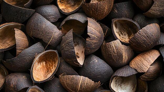 A collection of empty coconut s are scattered, creating an organic, textured, and earthy background scene. photo