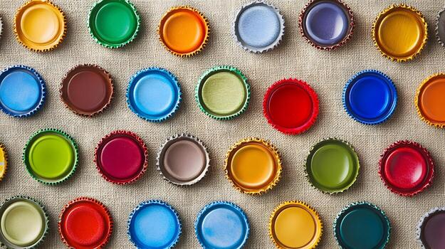 un formación de vistoso metal botella tapas son pulcramente arreglado en contra un texturizado neutral fondo, parte superior vista. foto