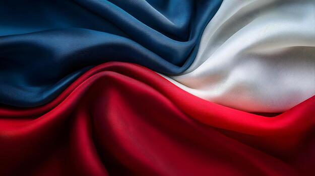 The elegant red, white, and blue silk fabric is arranged in soft flowing folds creating a dynamic texture. photo