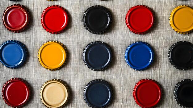 un formación de multicolor metal botella tapas son arreglado en un cuadrícula modelo en un texturizado superficie arriba. foto