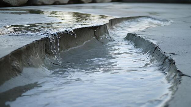 A narrow stream of water flows through a rough concrete channel creating a calming and minimalist scene. photo