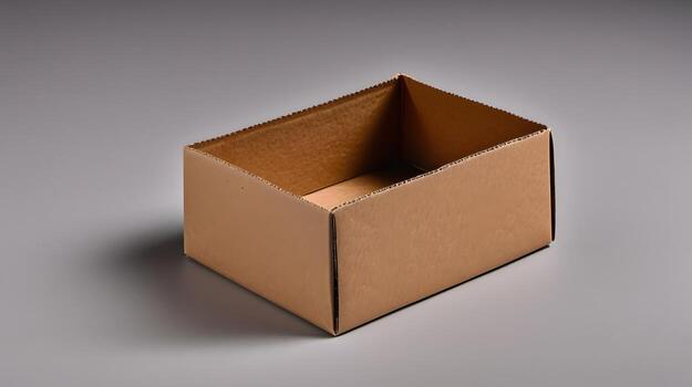 An empty corrugated cardboard box sits open on a neutral surface casting a shadow from studio lighting. photo
