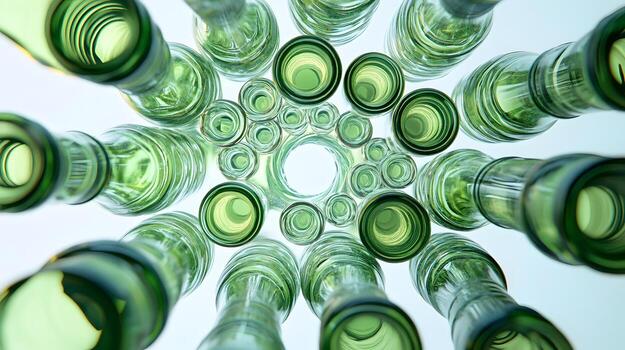 An abstract perspective shows multiple empty green glass bottles arranged in a circular pattern on white table. photo