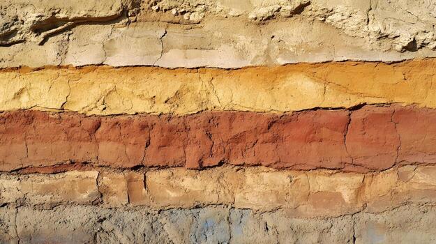 Layers of earthen building material display different colors and textures in a close up view outdoors. photo