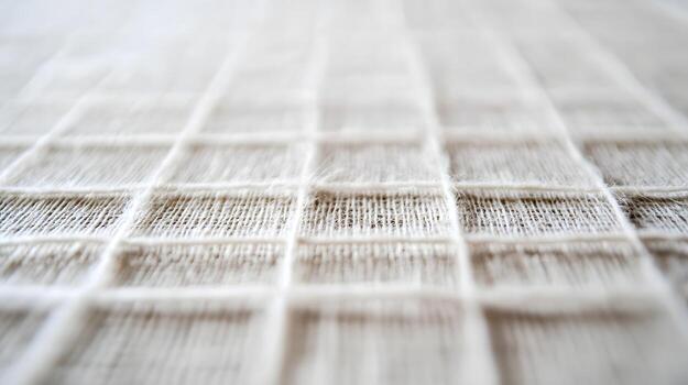 Cream colored thin fabric with a geometric grid pattern lays flat providing a soft textured background. photo