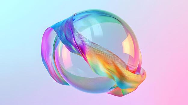 A transparent sphere is wrapped with a vibrant multicolored cloth on a soft gradient background backdrop. photo