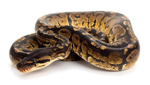 Captivating Ball Python coiled on white, perfect for reptile enthusiasts and design projects photo