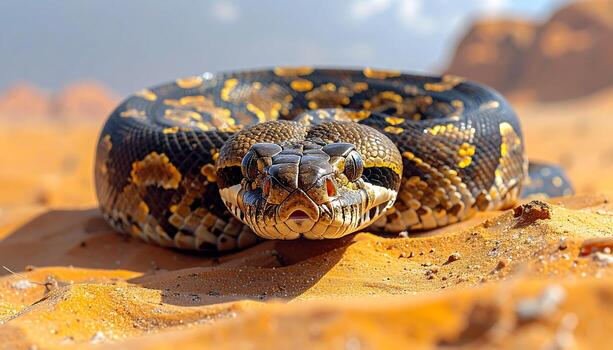 Intense close-up of a coiled python with striking yellow markings on sandy desert terrain photo