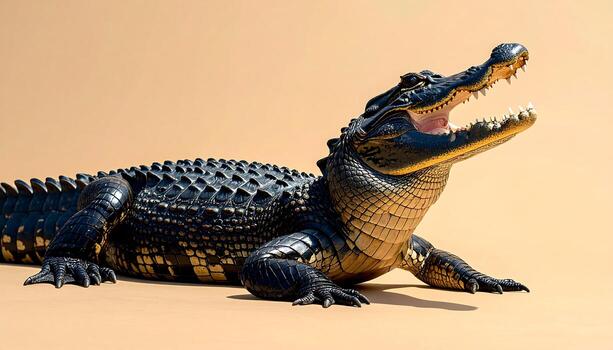 Powerful alligator with open jaws displays sharp teeth against a neutral background, embodying raw nature photo