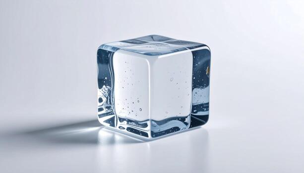 Crystal clear ice cube with tiny bubbles reflecting light on a clean surface photo