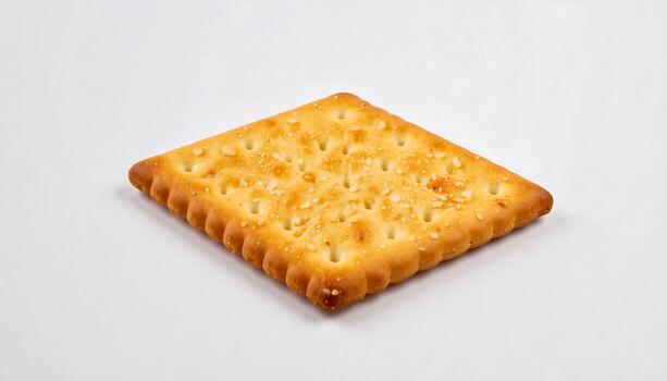 Golden square cracker with textured surface and edible sprinkles rests on a clean surface. photo